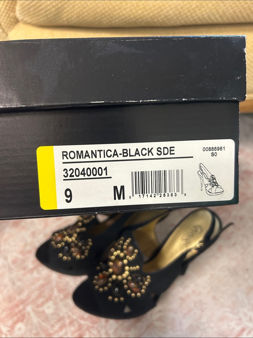 Carlos by Carlos Santana Black Slingback Heels with Amber & Black Gem Accents - Picture 2 of 5